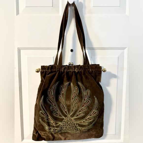 Vintage Handbags - 70’s Handmade Velour Embroidered Brown Tote Bag Purse Large Hippie Boho EUC